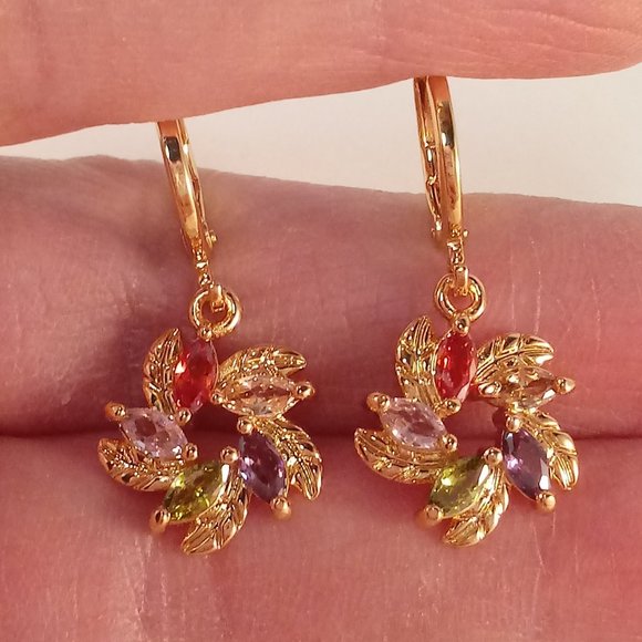 18K Yellow Gold Filled Flower Leaf Swirl Marquise Diamond Zircon Dangle Earrings - Picture 1 of 4